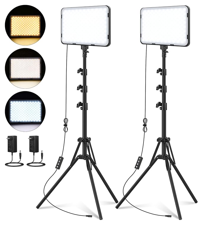 Unicucp 2 Pack LED Video Light, Photography Lighting Kit with 62.99'' Tripod Stand, Dimmable 2500-8500K 22W Studio Lights for Video Recording Game Live Streaming YouTube Podcast Photo