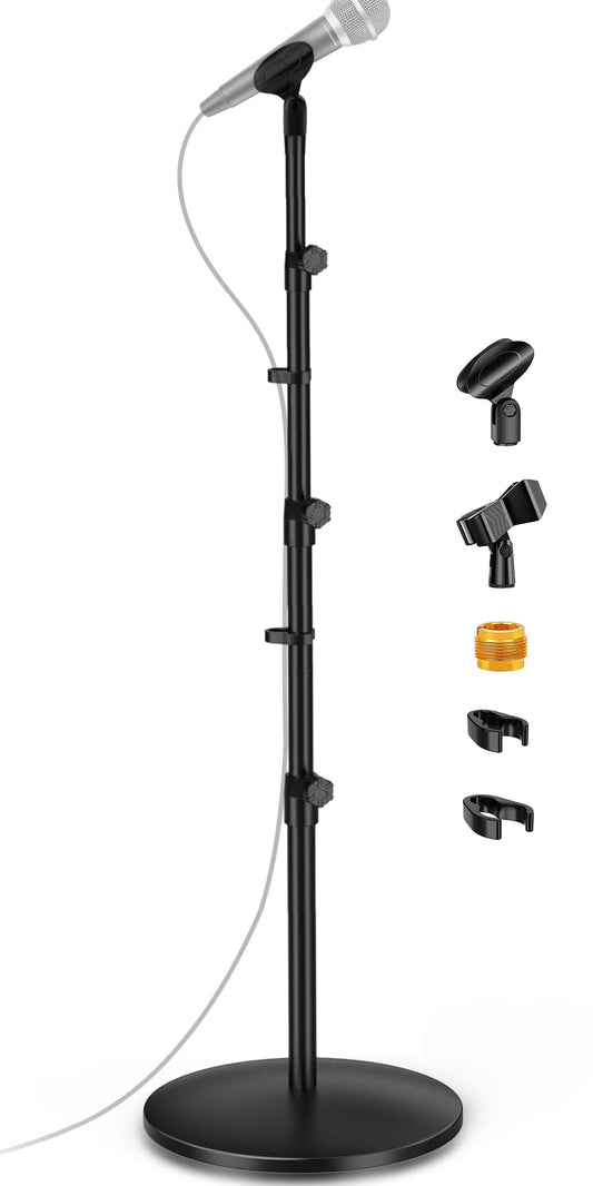 Round Base Microphone Stand, Bietrun Heavy Duty Adjustable Metal Mic Floor Stand for Singing/Church/Stage with 2 Universal Mic Clip, 3/8'' to 5/8''Adapter